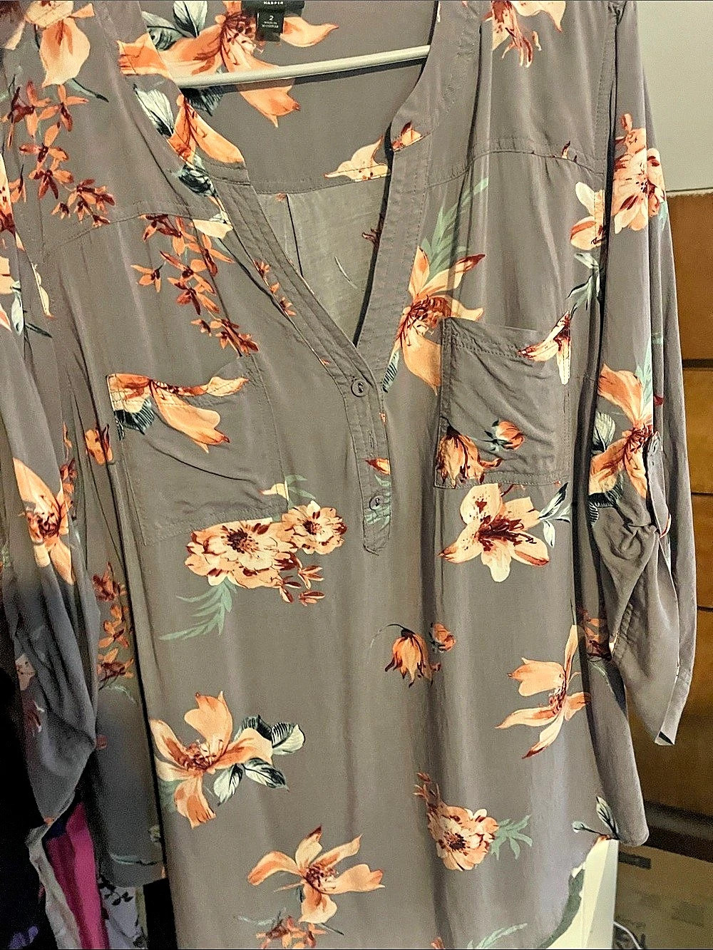 Torrid Harper Georgette Blouse Gray Floral & Orange Floral Size 2